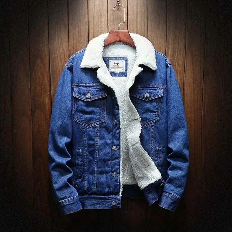 Patchwork Jean Jacket - デニムジャケット男パッド入り羊ジーンズコート男性用パッド入りウールブラック暖かいスリムフィット高級低コストワンピースファッションカジュアル
