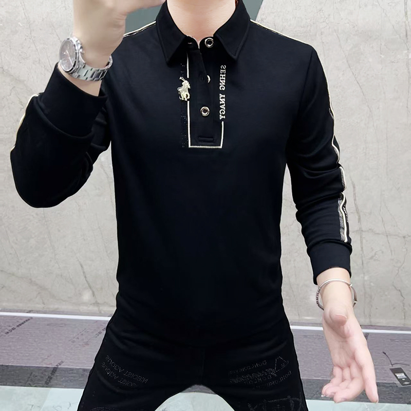 Vintage Fashion Outfits Men - ラインストーン長袖スウェットシャツ男性ヴィンテージ Tシャツ男性クラブ衣装ファッションヨーロッパバージョン紳士服ターンダウン襟