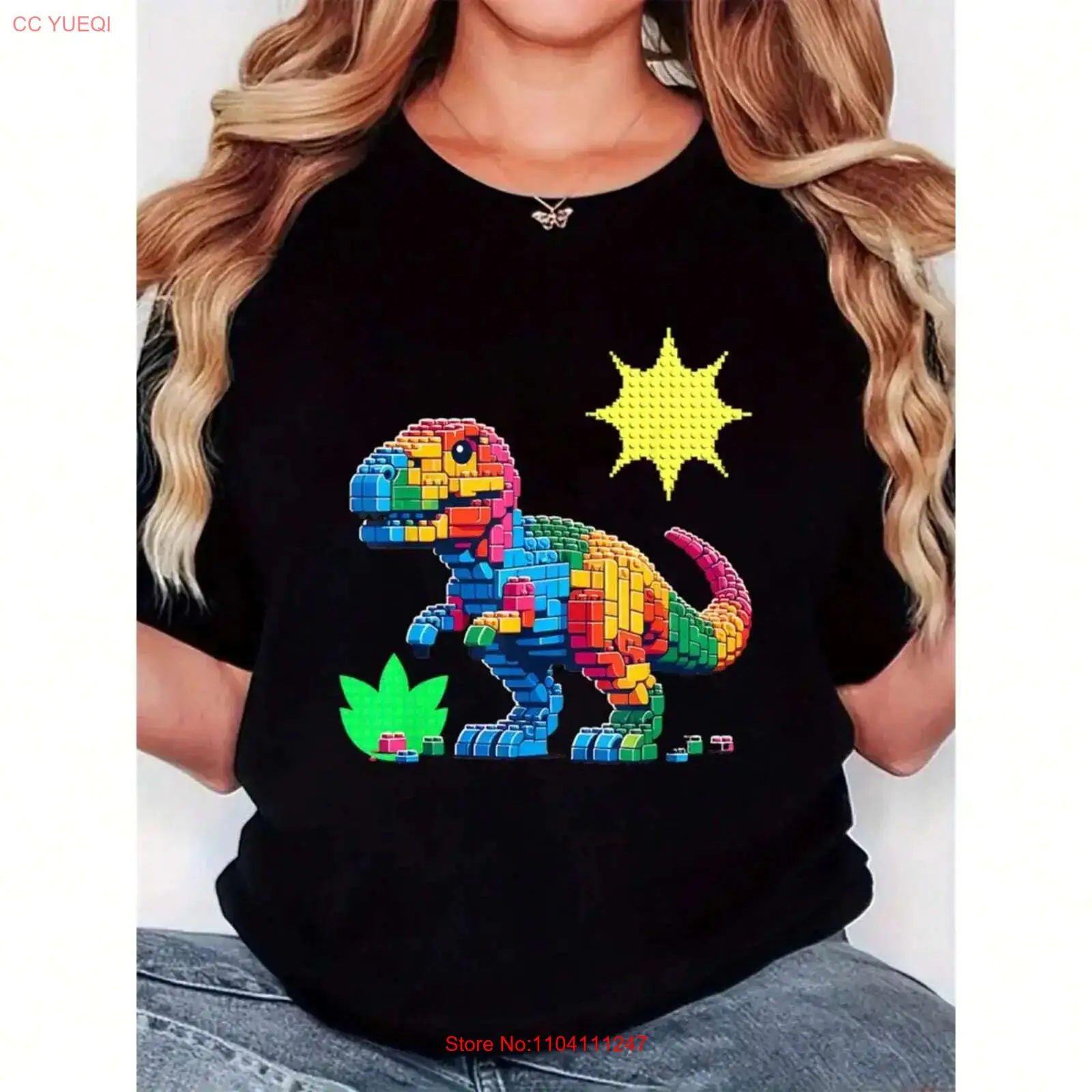 Vintage Fashion Build - レディース Tシャツ カラフルな積み木恐竜プリント ファッショナブル カジュアル ヴィンテージ