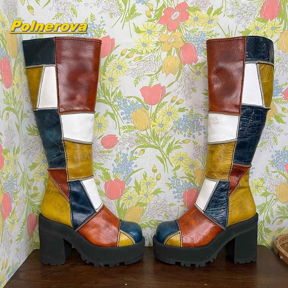 Vintage Fashion In 2026 - 女性レトロパッチワークレザーニーハイブーツカラーブロックチャンキープラットフォームブロックヒールヴィンテージ Y2K ストリートファッション靴 2026