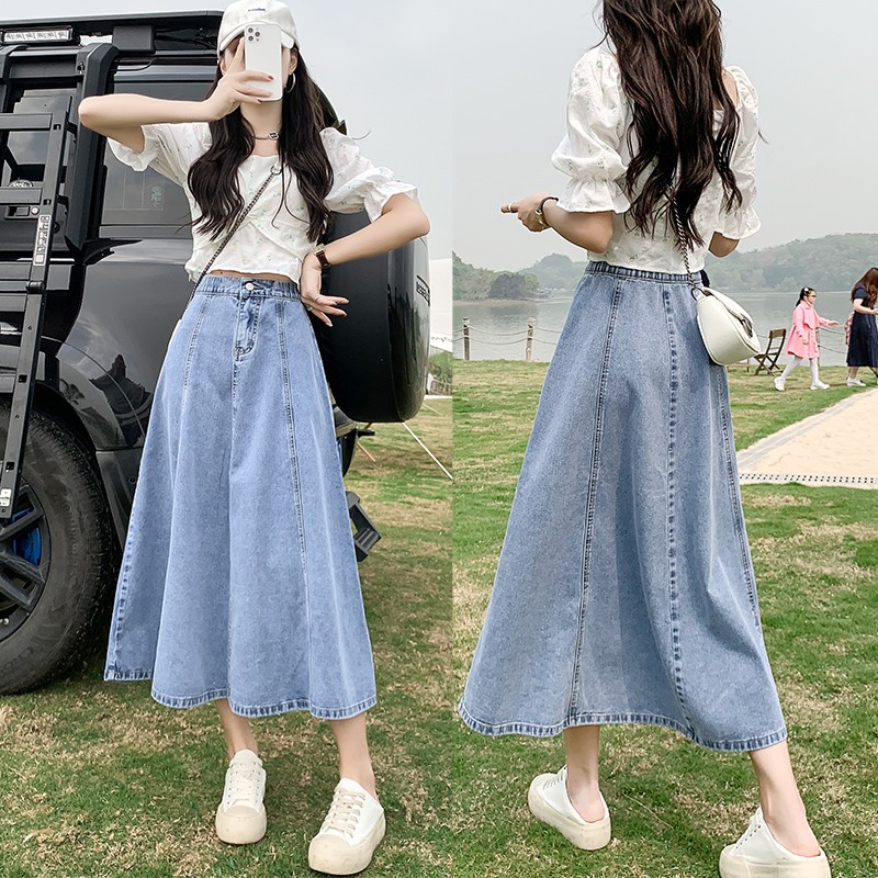 Denim Skirt Midi Vintage - ハイウエストAラインミディスカート レディースデニムスカート ゴムウエスト 細見え効果 サマー新作 ヴィンテージ