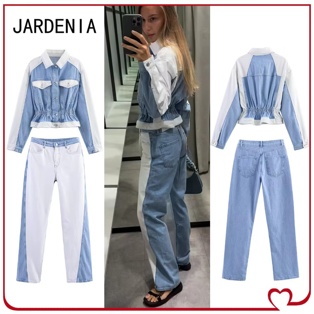 Patchwork Jean Jacket - カジュアルなカウガールコーデセット、スタイリッシュなデニムツーピースセット（レディース）、ヴィンテージデニムジャケットとミッドライズジーンズの組み合わせウォッシュ