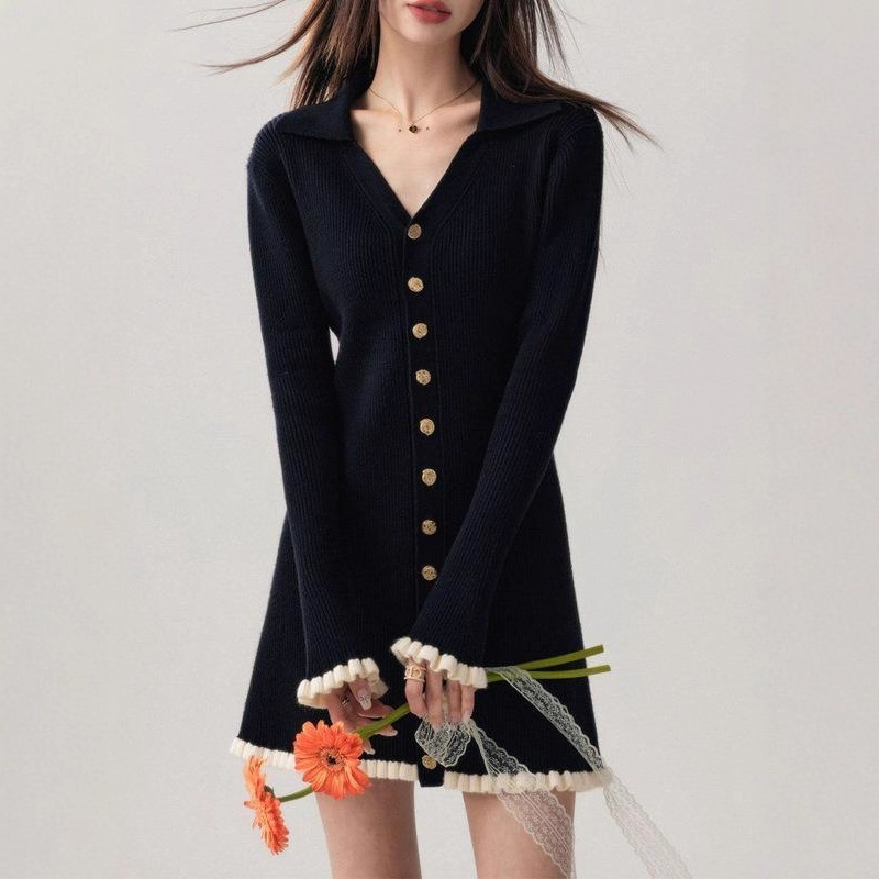 Vintage Fashion Old Money - BWQ 春秋冬フレンチファッションオールドマネーショート/長袖ニットドレス女性 V ネックフロックミニワンピースヴィンテージエレガント
