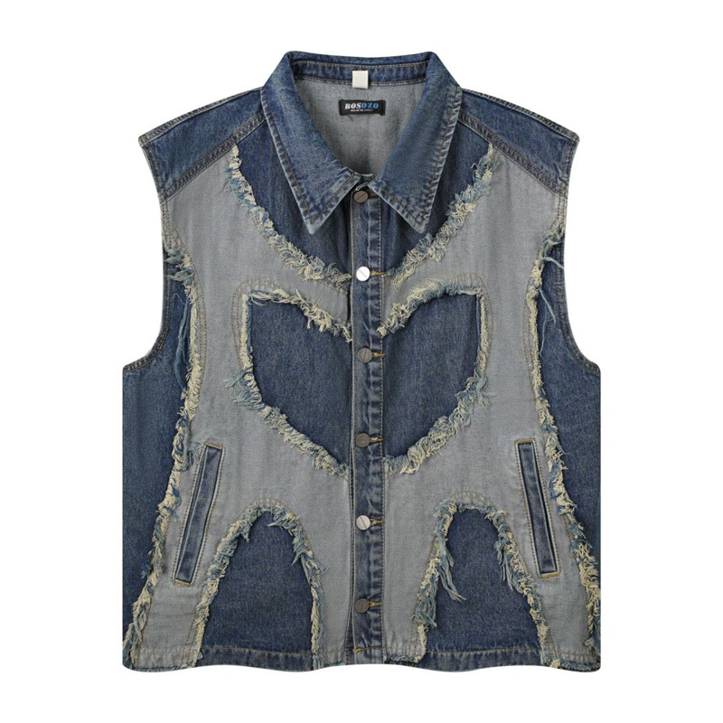 Patchwork Jean Jacket - ヨーロッパとアメリカのメンズ ラペル付きノースリーブデニムジャケット クロップド バギー ヴィンテージ ウォッシュドジーンズベスト