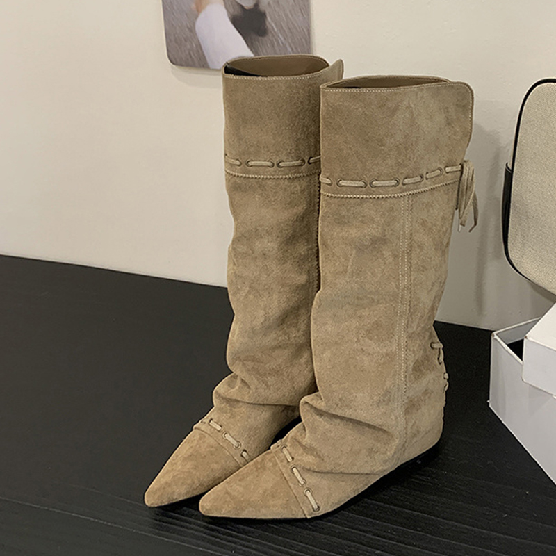 Vintage Fashion And Design - Liyke ファッションデザイン巾着レースアップニーハイブーツ女性ヴィンテージポインテッドトゥ内側高さ増加ロング靴 Bota Ş Mujer