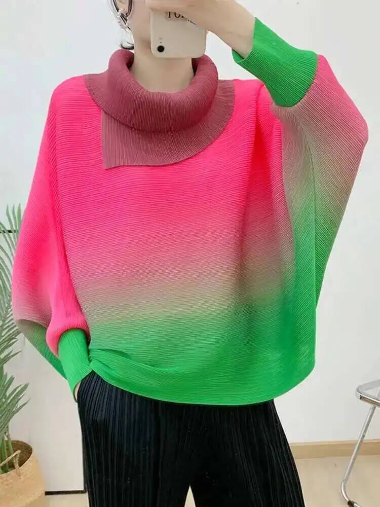 Vintage Fashion Build - プリーツ Tシャツグラデーション女性のためのラペル長袖バットウィングルーズスタイル女性ファッショントップ 2023 秋の新 2ZDL6