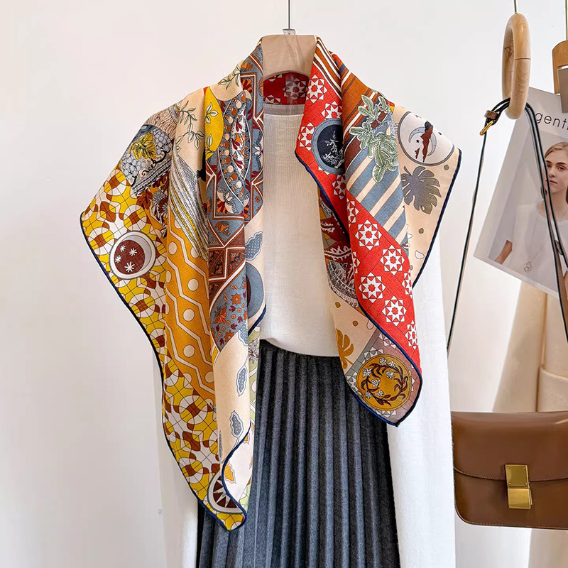 Vintage Fashion Collage - 30% マルベリーシルク 70% ウールスカーフ 90x90cm ヴィンテージコラージュ騎士マンダラプリントスクエアスカーフユニセックスショールヘッドスカーフ装飾ギフト