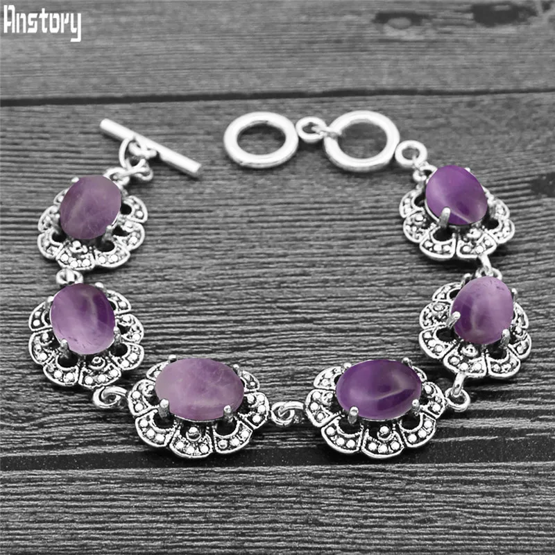 Vintage Fashion Look - オーバルアメジストブレスレット梅の花のデザインヴィンテージルックアンティークシルバーメッキ天然石ファッションジュエリーTB334