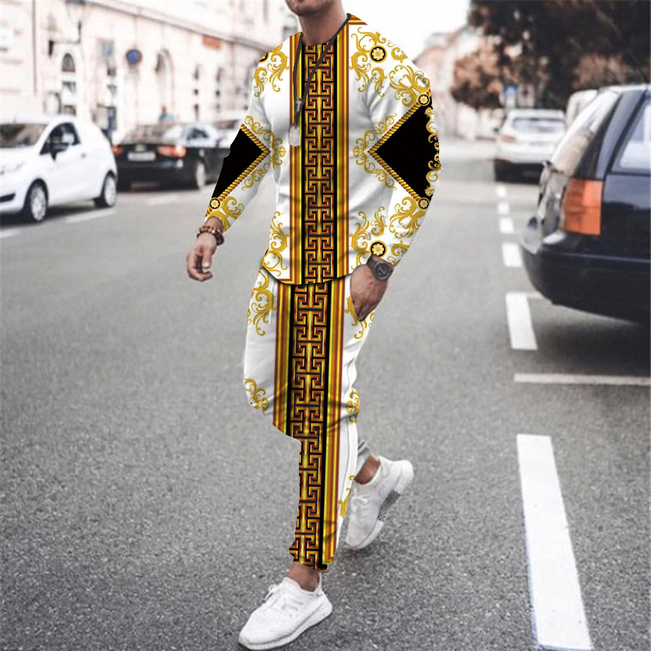 Vintage Fashion Outfits Men - メンズ長袖トラックスーツ,3Dバロックプリントスーツ,ジョギングスーツ,高級Tシャツ,ファッションパンツ