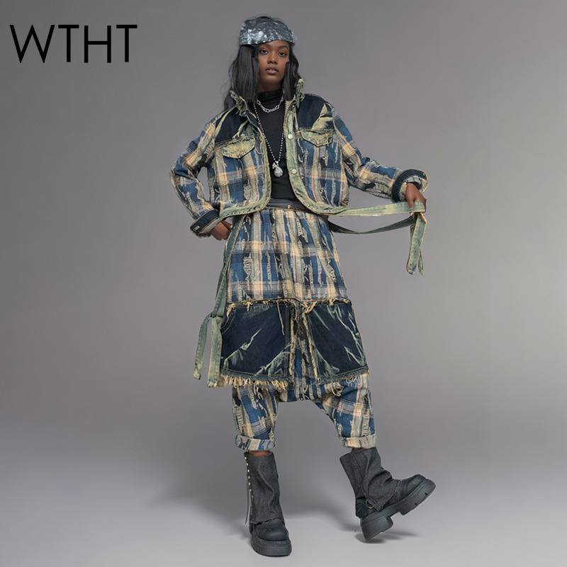 Patchwork Jean Jacket - WTHT ファッション女性の不規則なパッチワークラペルデニムジャケットトレンディ 2025 夏バリエッジ弾性ウエストジーンズ女性 1LS1809