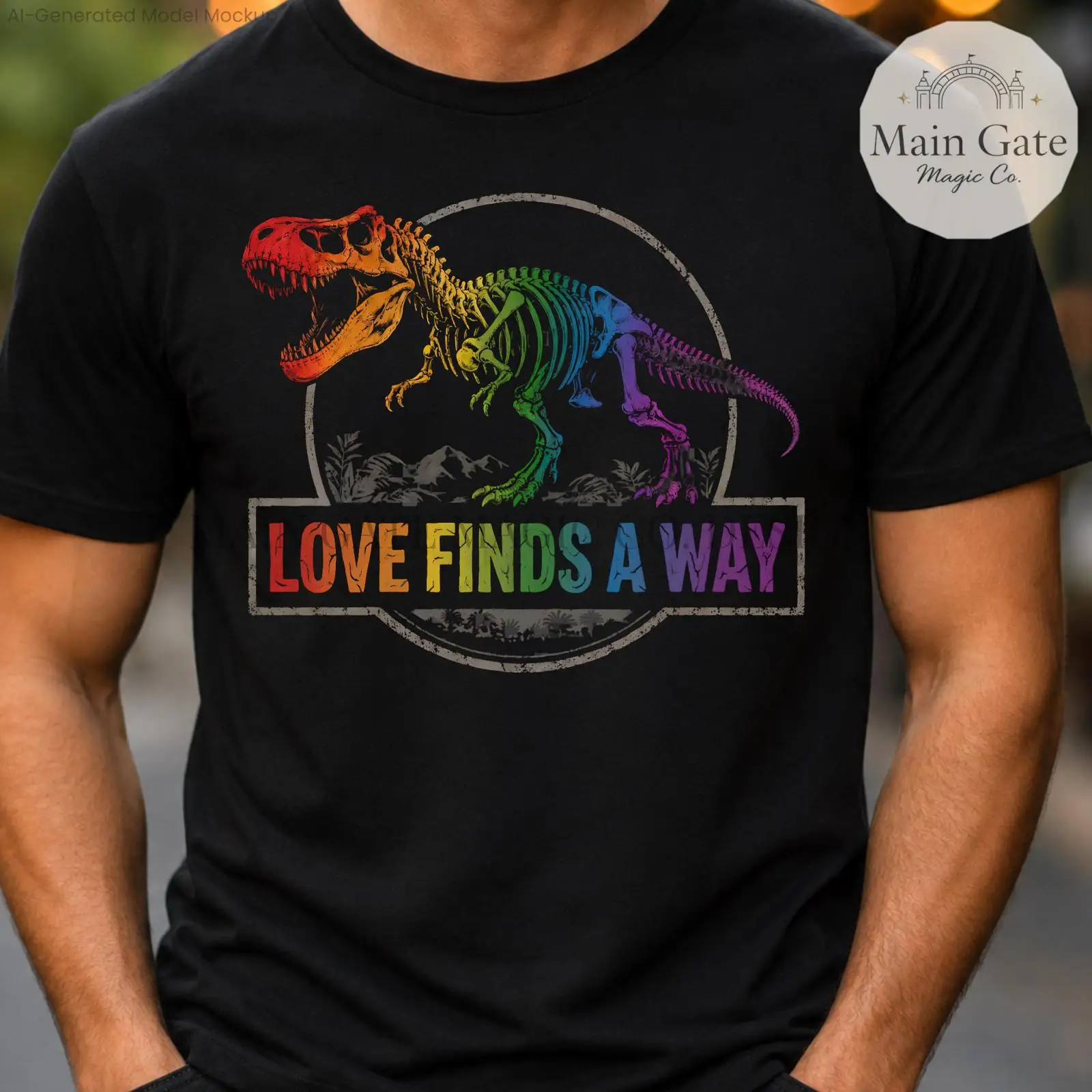 Vintage Fashion Finds - Love Finds A Way レインボー恐竜スケルトン Tシャツ