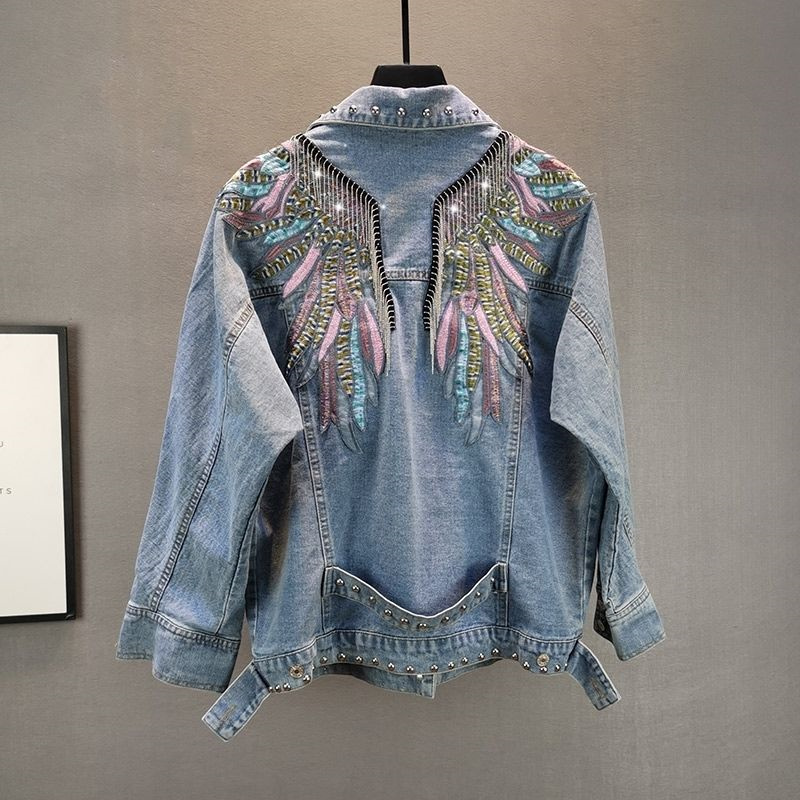Patchwork Jean Jacket - 女性用長袖デニムジャケット,フリンジ付きデニムコート,ファッショナブルな婦人服,新しい秋のコレクション2024