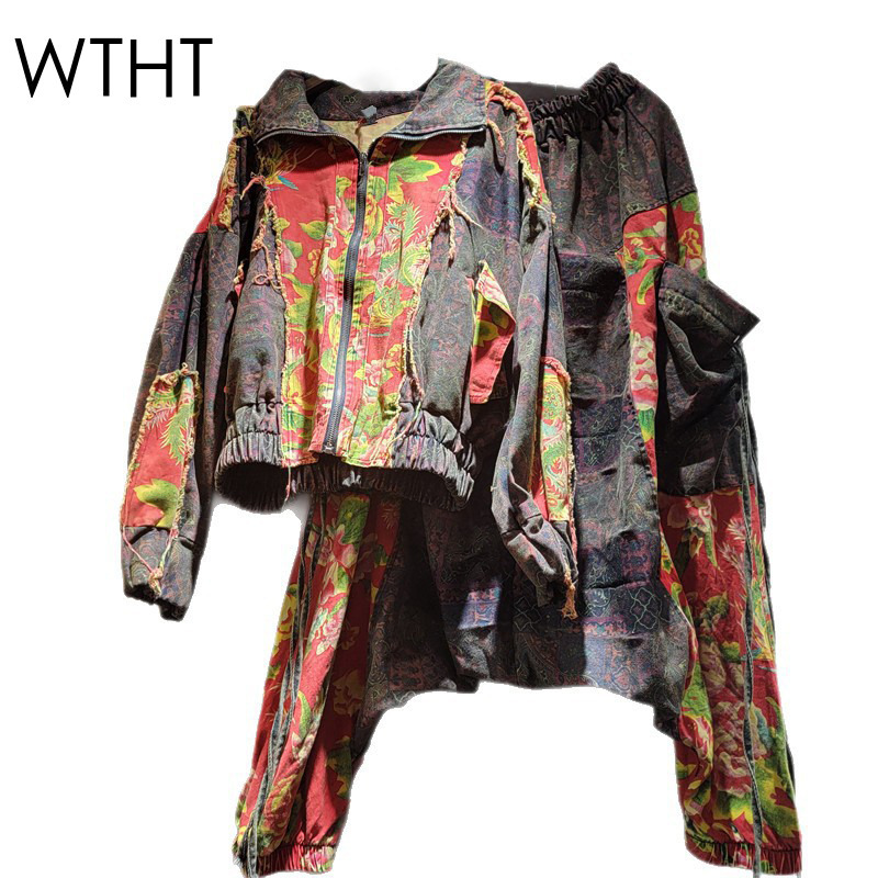 Patchwork Jean Jacket - WTHT ヴィンテージ風トレンド レディース パッチワークプリントデザイン 長袖デニムジャケット エラスティックウエストジーンズセット