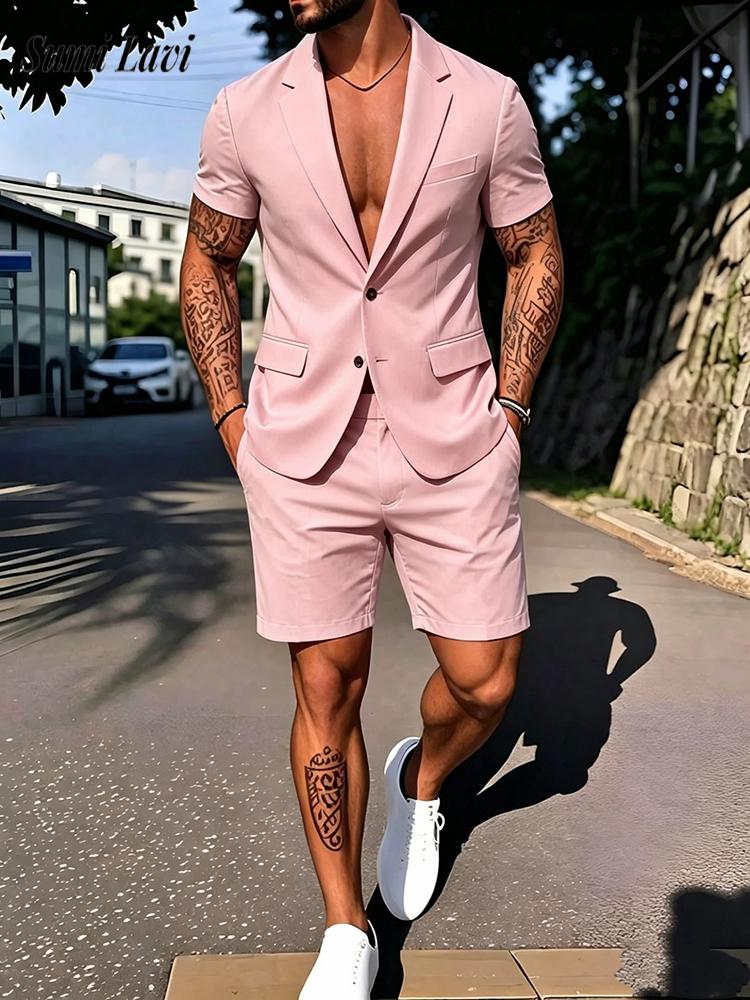 Vintage Fashion Outfits Men - カジュアルメンズソリッドカラースリムブレザーツーピーススーツファッショナブルな半袖シャツとショートパンツ男性衣装夏のヴィンテージセット