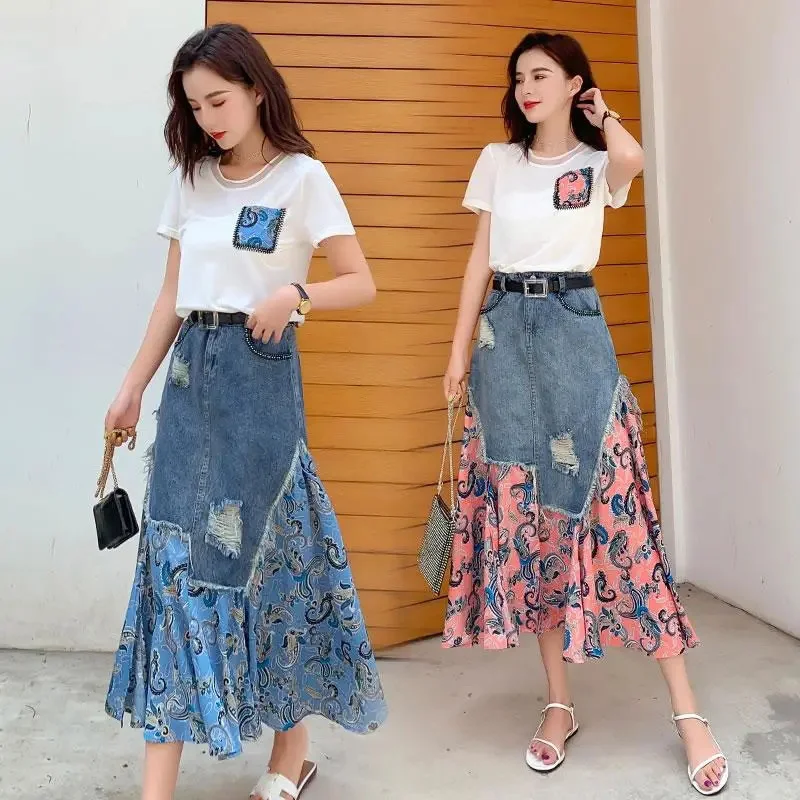 Denim Skirt Midi Vintage - 女性の不規則なパッチワークデニムスカート,ハイウエスト,ロングスカート,夏服,ストリートウェア,ヴィンテージ