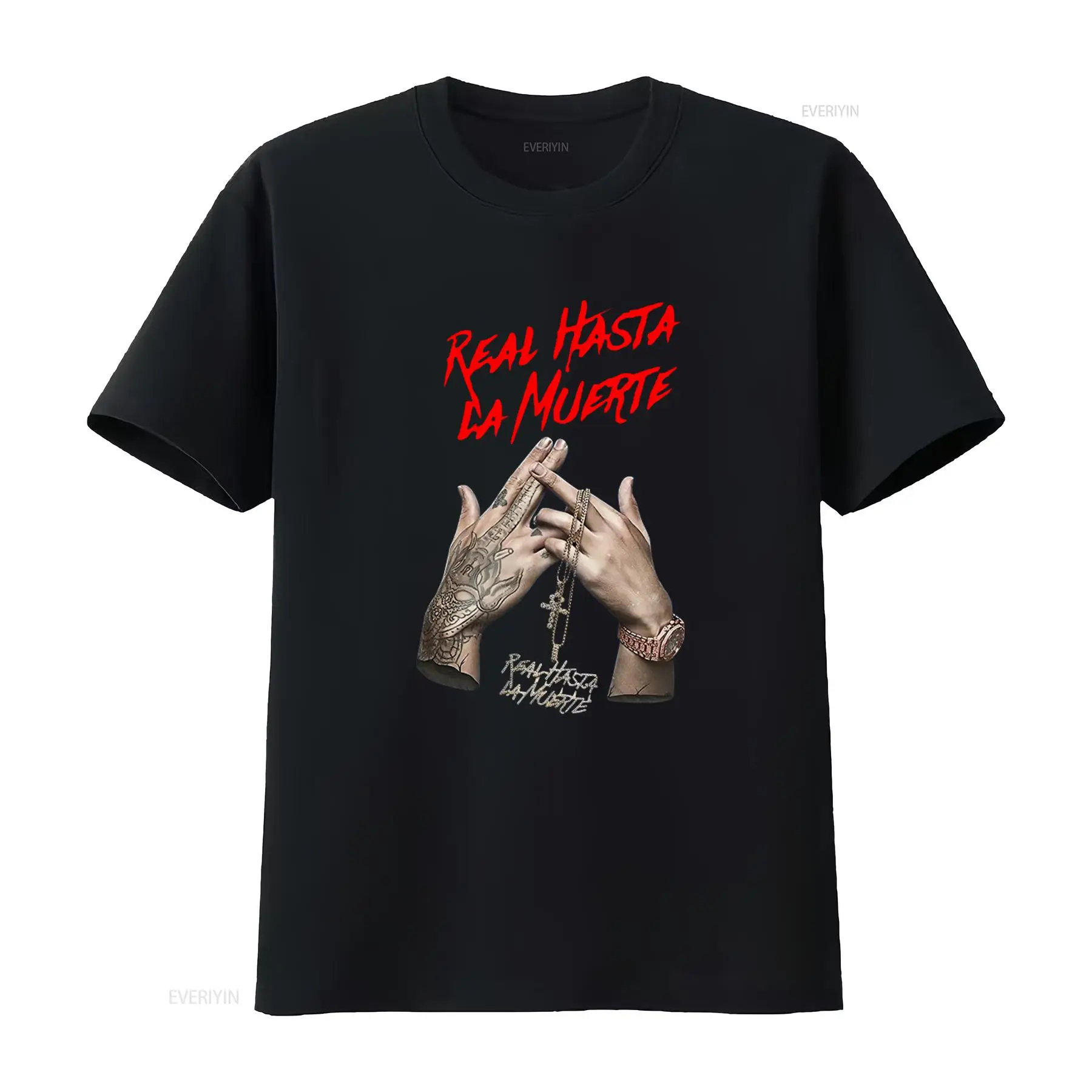 Vintage Fashion La - レアなアヌエルAA Real Hasta La Muerte Tシャツ、ファッションブラック、タトゥー柄の手とクロスネックレスデザイン、サイズS〜4XL、ヴィンテージウォッシュ加工