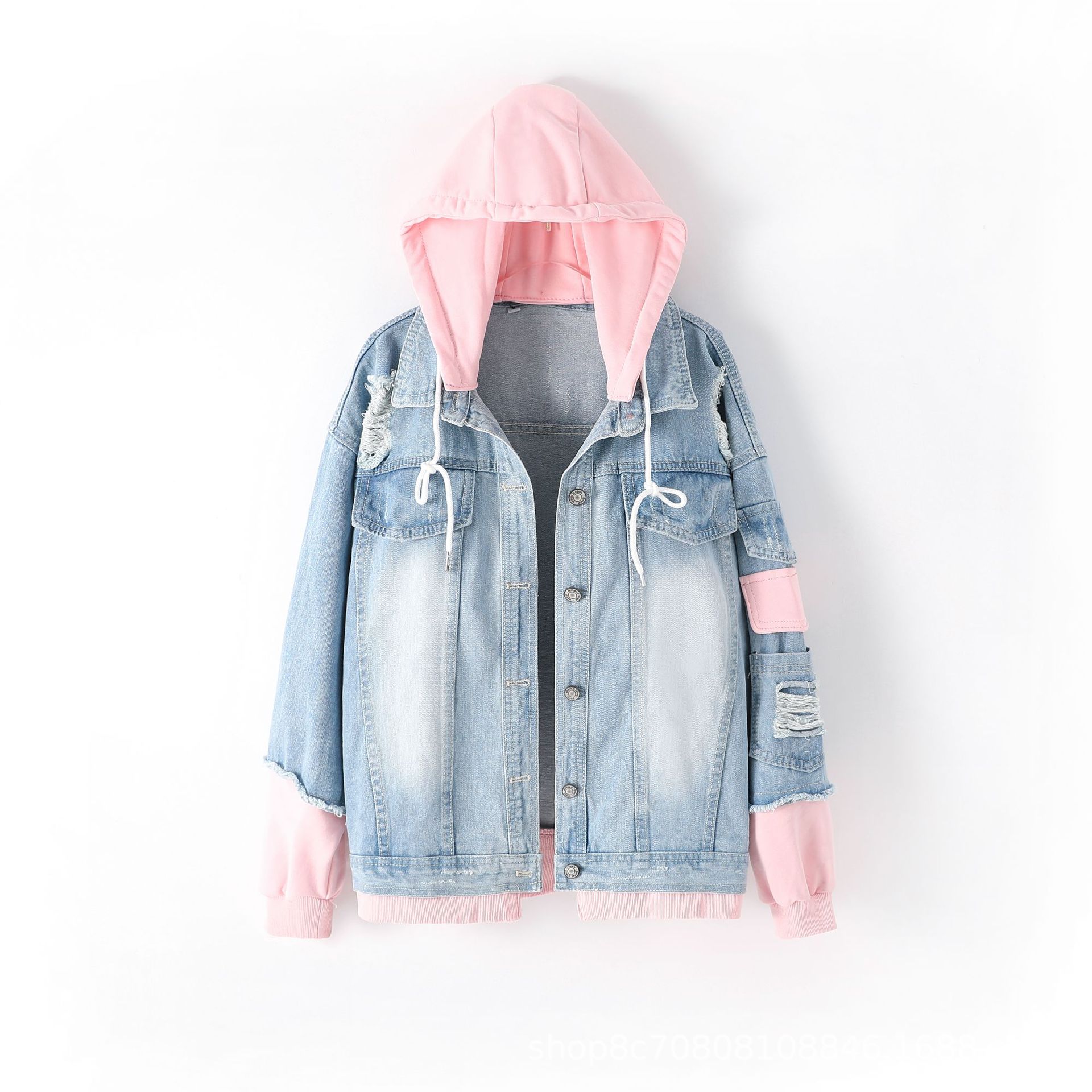 Patchwork Jean Jacket - ゆったりとしたフード付きデニムジャケット,婦人服,ヨーロピアンスタイル,春,秋,ピンク,青のスリット,シングルブレストコート