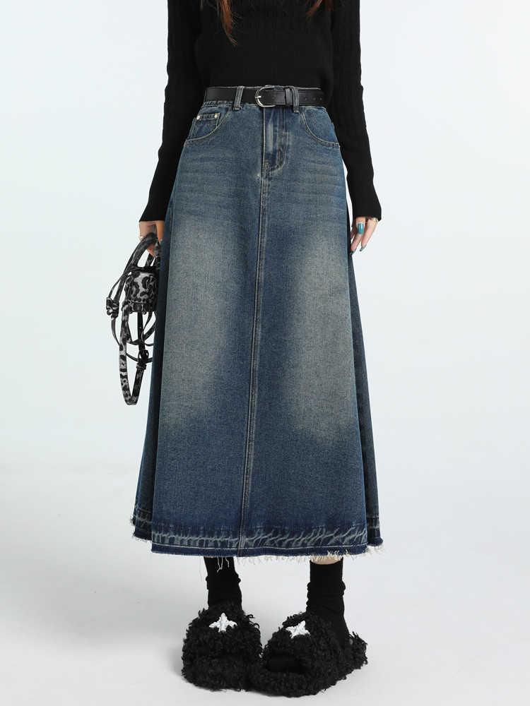 Denim Skirt Midi Vintage - ハイウエストヴィンテージ A ラインジーンズスカート女性秋冬カジュアルタッスルデニムミディスカートペチコートファム