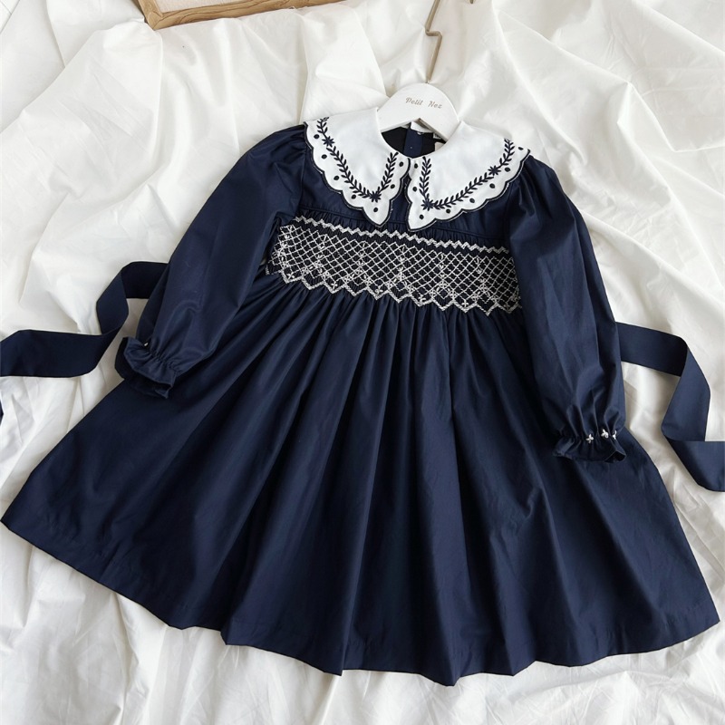 Vintage Fashion La - ヴィンテージダークブルー手刺繍ガールズ長袖ドレスインハンドメイドブティックキッズクリスマスクローゼットファッショナブルガールズドレス