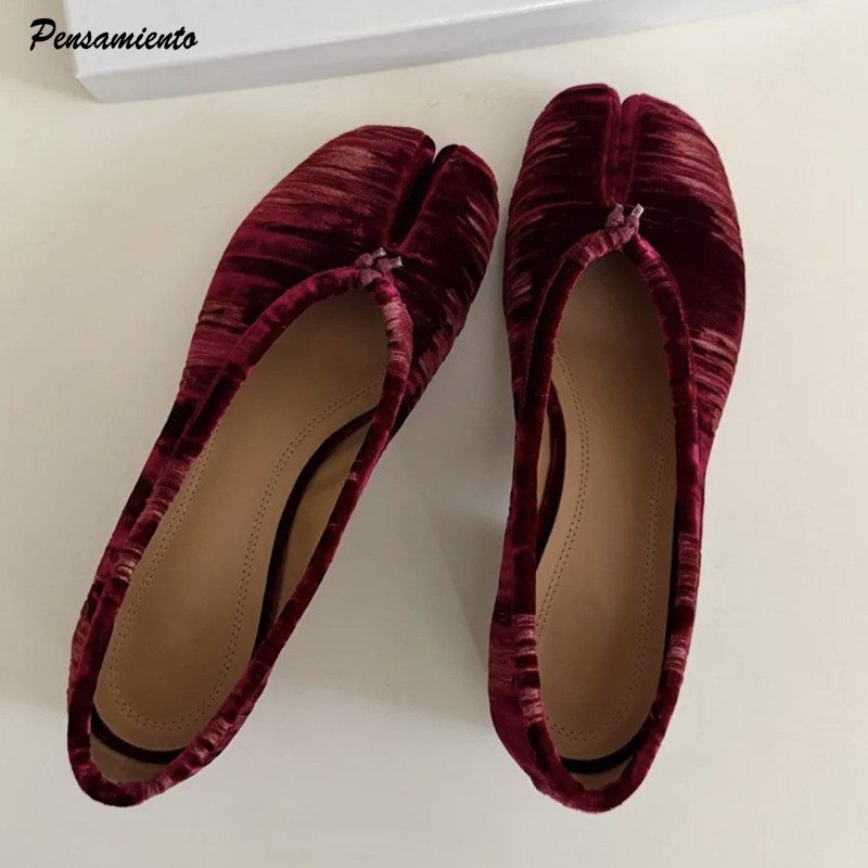 Vintage Fashion And Design - ファッションプリーツデザイナーフランネルスプリットトゥ女性用バレエパンプスヴィンテージローヒールタビローファーカジュアルソフトソールウォーキングシューズ