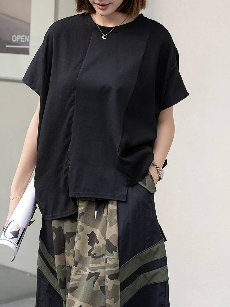 Vintage Fashion Build - 不規則な女性用黒裾ビッグサイズカジュアルTシャツ新作ラウンドネック半袖ファッション春夏2026 4AZU
