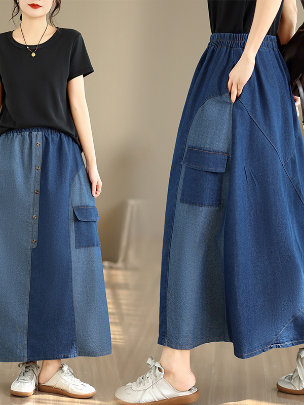 Denim Skirt Midi Vintage - ルーズカジュアルデニムスカート レディース プラスサイズ ハイウエスト Aライン ミディスカート