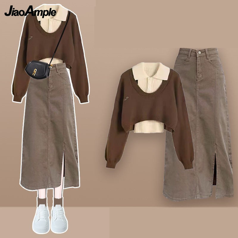 Denim Skirt Midi Vintage - 女性のヴィンテージニットセーター,ベストとデニムのミドル丈スカート,マッチングドレス,韓国のプルオーバー,エレガント,春,秋,新しい,3ピーススーツ,2022