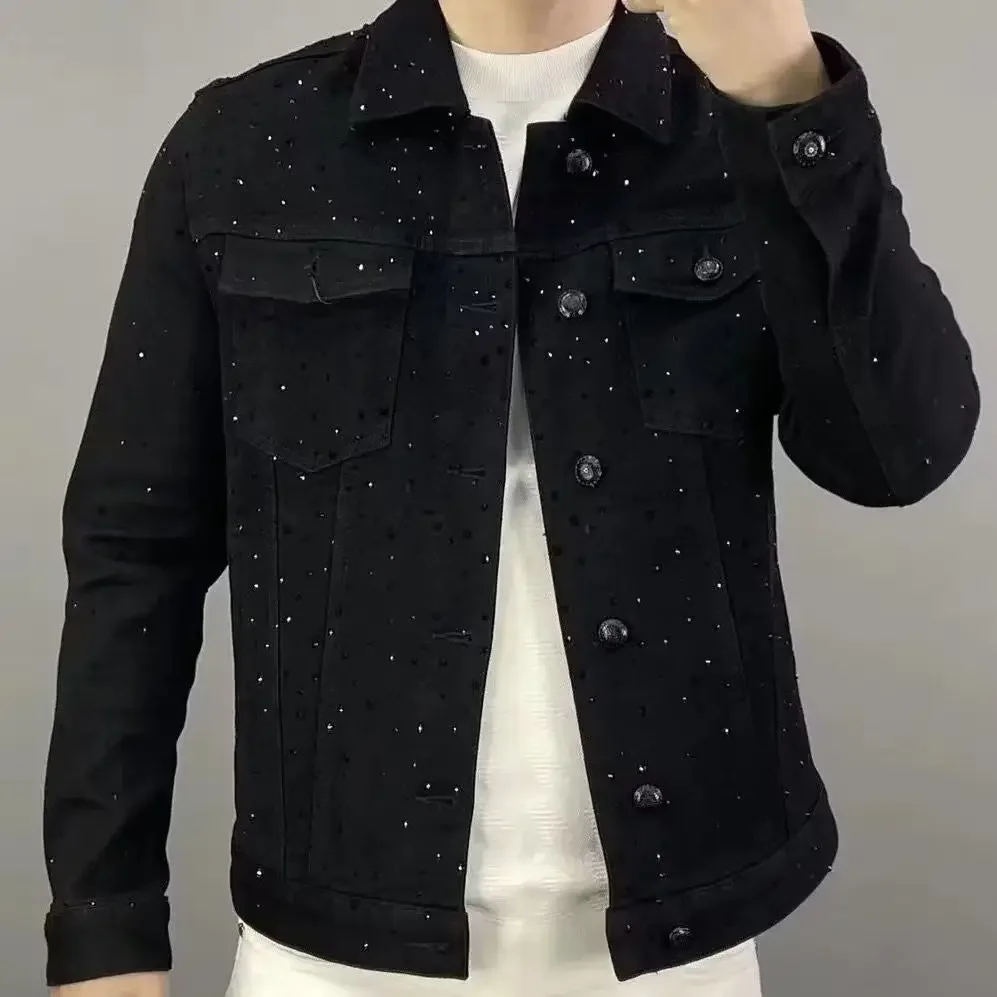 Patchwork Jean Jacket - メンズデニムジャケット,スリム,ショート,カジュアル,ブラック,ダイヤモンド,ルーズ,シックでエレガント,日本,ロックzl459,低コスト