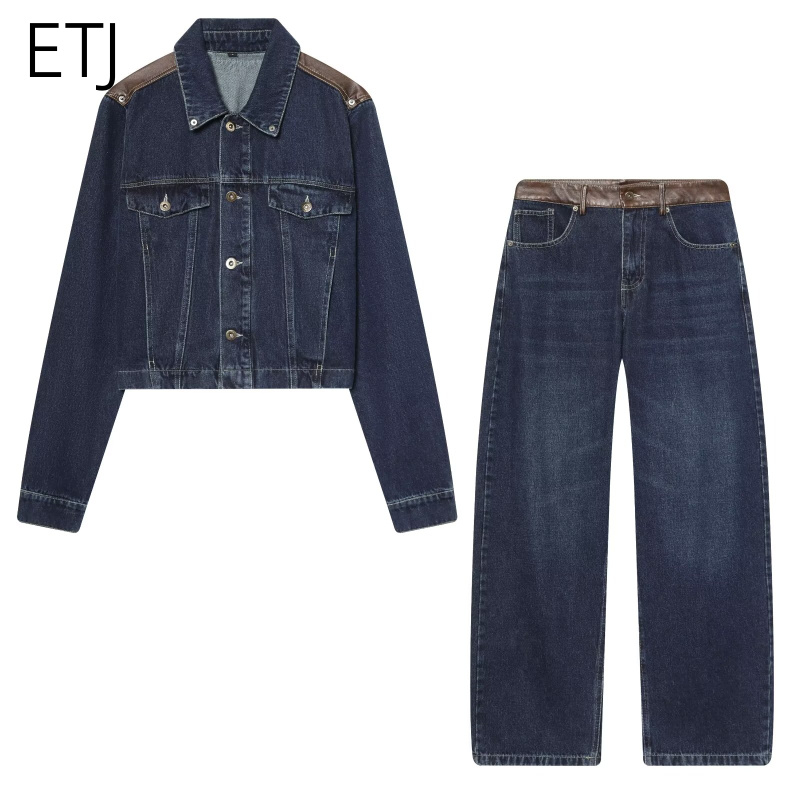 Patchwork Jean Jacket - ETJ レディースデニムジャケット＆ジーンズセット クロップドレザーパッチ オーバーサイズワイドレッグパンツ セットアップ 2026
