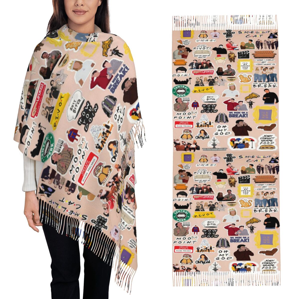 Vintage Fashion Collage - ヴィンテージフレンズテレビ番組シンボルコラージュスカーフタッセルスカーフ女性用ソフトウォームショールとラップロング秋冬ショールラップ