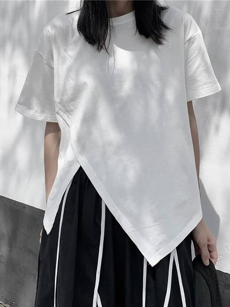 Vintage Fashion Build - 不規則な女性用ホワイトスリットヘムビッグサイズカジュアルTシャツ新作ラウンドネック半袖ファッション春夏2026 YAIV