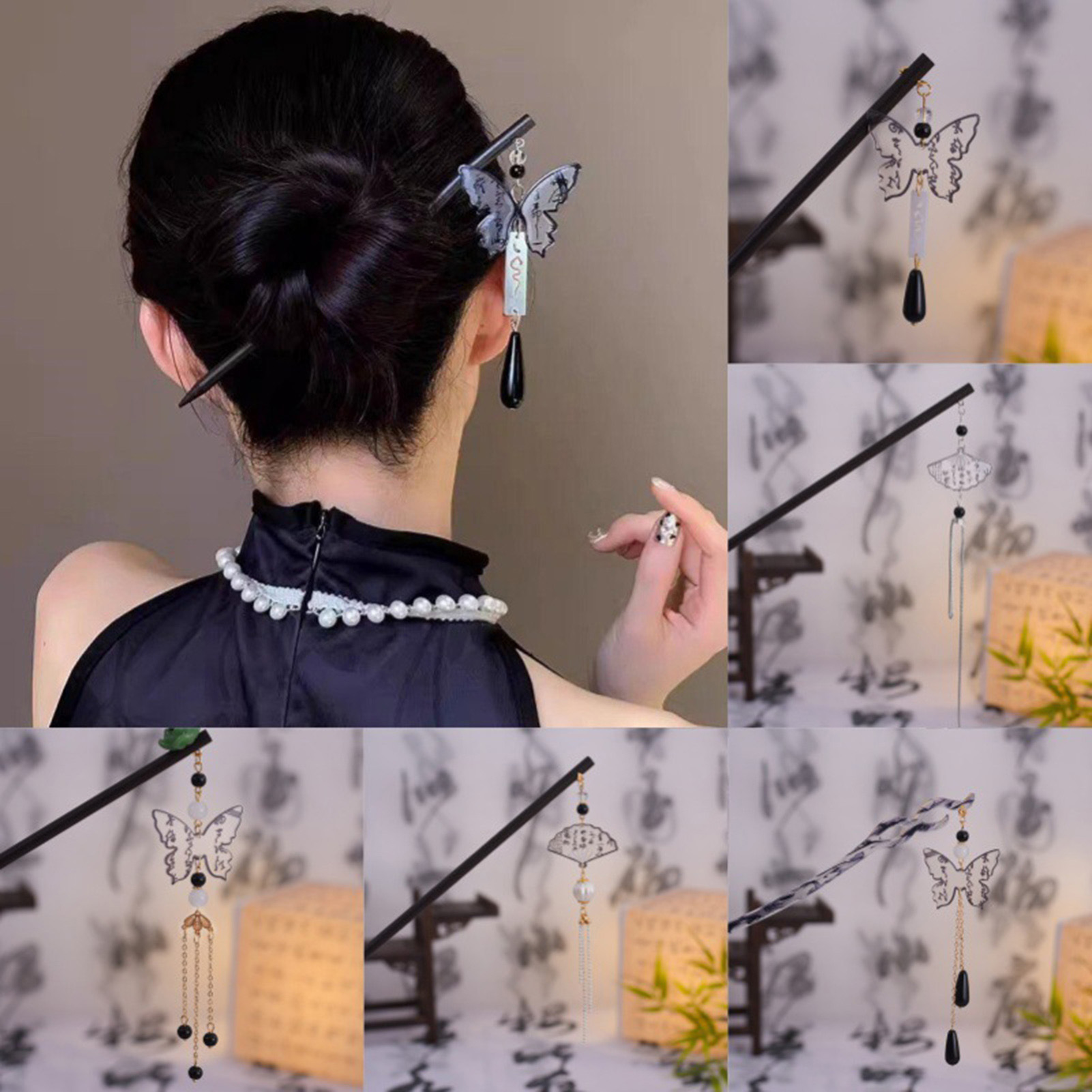Vintage Fashion In Chinese - ヴィンテージ木製ヘアピン女性のための中国水墨蝶蓮タッセルヘアスティック女の子トレンディなヘアアクセサリーヘアクリップ