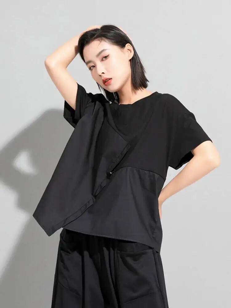 Vintage Fashion Build - ウエスト女性黒巾着ビッグサイズカジュアル Tシャツ新しいラウンドネック半袖ファッション春夏 2025 GV7R