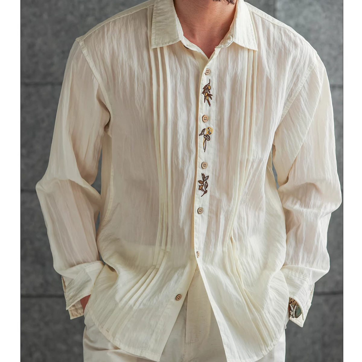 Vintage Fashion Old Money - オールドマネースタイル刺繍折りたたみヴィンテージ軽量シャツ男性フレンチファッション長袖ルーズカジュアル通勤シャツブラウス