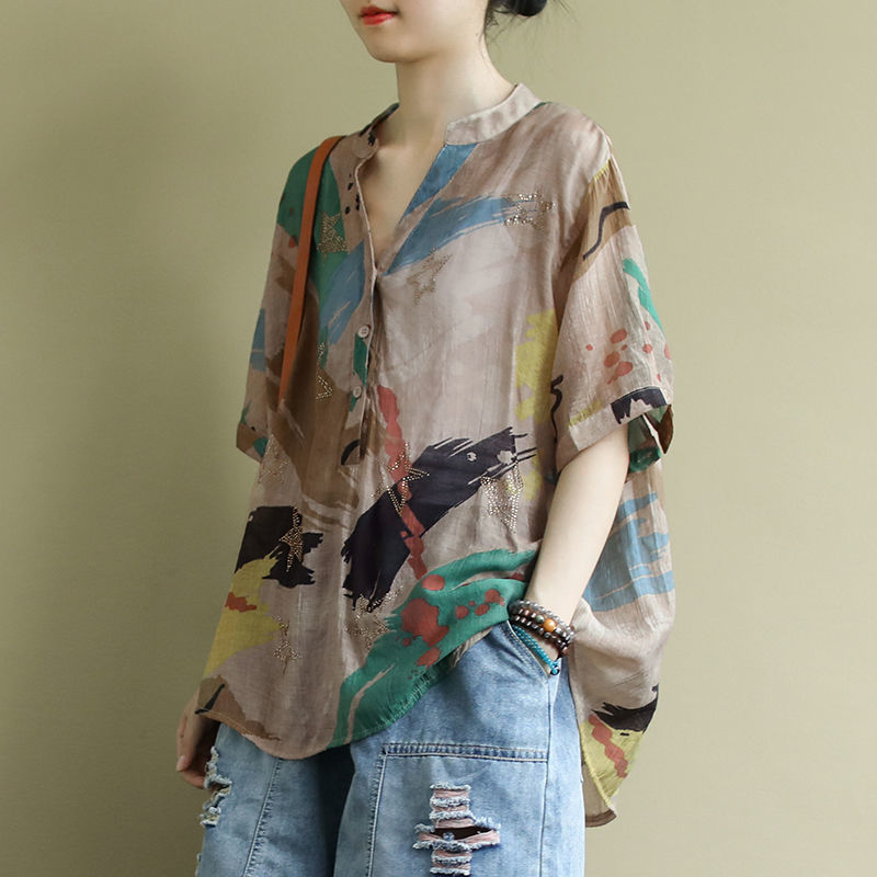 Vintage Fashion In Chinese - リネンとコットンのブラウス,カジュアル,ルーズ,エレガント,半袖,Vネック,快適,夏