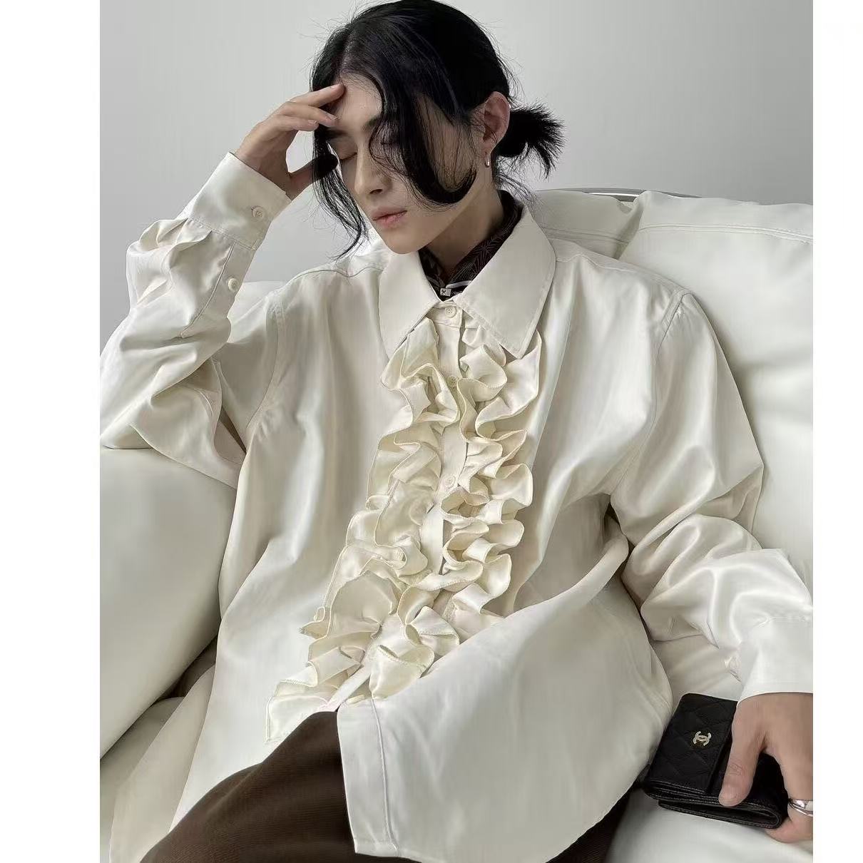 Vintage Fashion Outfits Men - ニッチバイセクスロータスエッジトップス新中国風四季長袖シャツヴィンテージ宮殿スタイルストリートファッション衣装