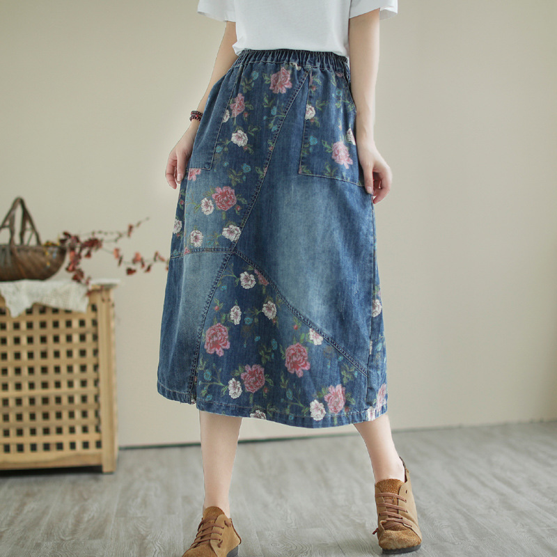 Denim Skirt Midi Vintage - 日本のヴィンテージ森ガールフラワープリント刺繍デニムスカート女性春夏弾性ウエストカジュアルルーズ A ラインミディスカート