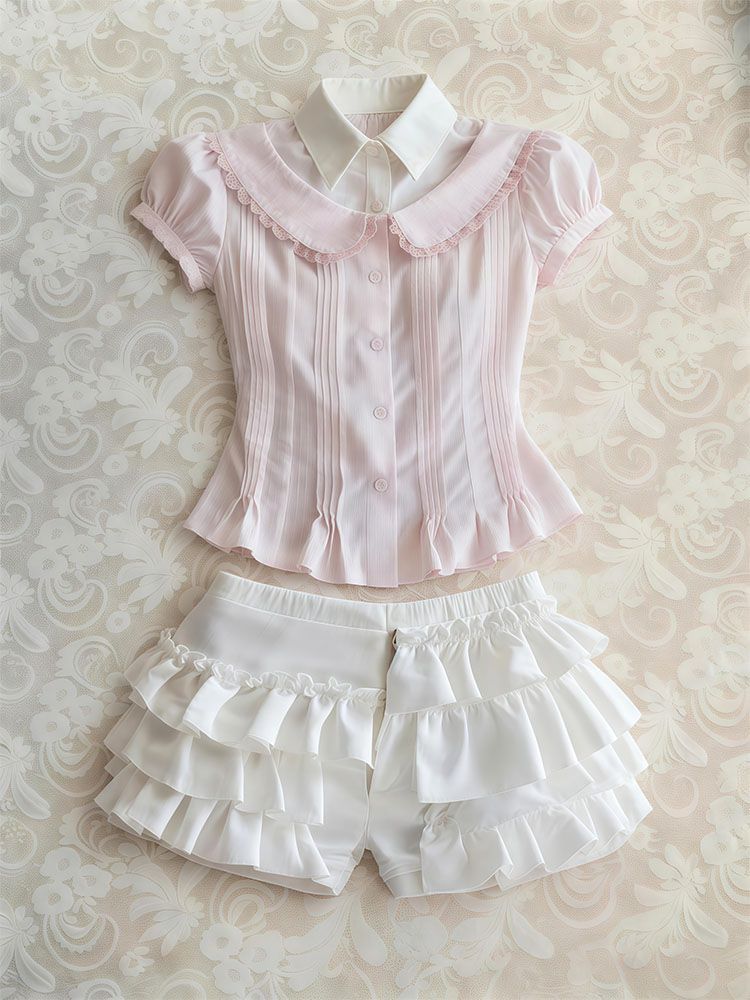 Vintage Fashion Korea - 甘い 2 点セット女性服ポロトップ + ショートパンツ原宿韓国かわいいヴィンテージパンクゴスクロップトッププレッピーサマースーツファッション Tシャツ