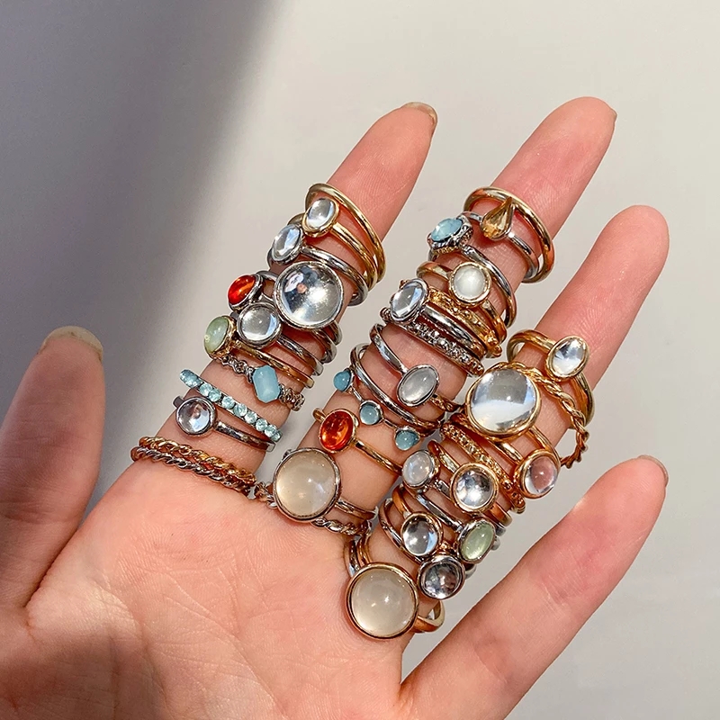 Vintage Fashion Korea - 新しい韓国 8 ピース/セットヴィンテージカラフルなストーンメタリックチェーントレンディな幾何学ヒットリングセット女性ガールズジュエリー