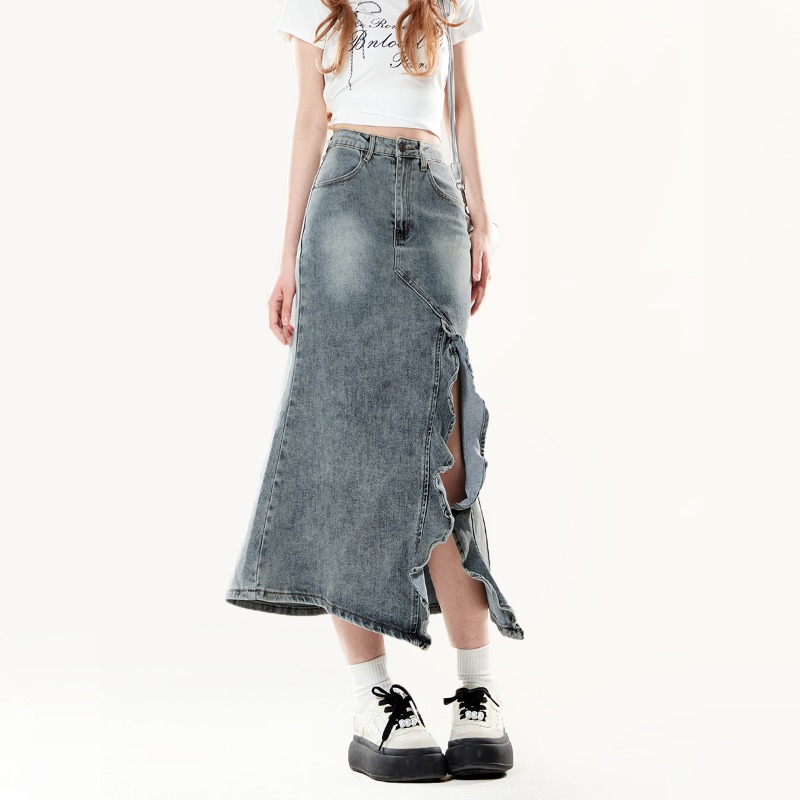 Denim Skirt Midi Vintage - レディースアメリカンヴィンテージデニムミディスカート 2026夏新作 ウォッシュ加工 イレギュラーラッフルスプリット ハイウエスト カジュアル