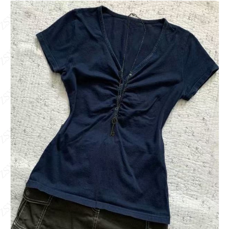 Vintage Fashion Korea - 美的 Tシャツ 90 年代ヴィンテージ服女性の夏の韓国ファッションボタンブルー Tシャツシャツカジュアルパンク Y2k