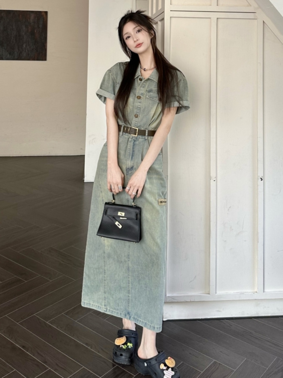 Denim Skirt Midi Vintage - プラスサイズヴィンテージアメリカンスタイルデニムドレス女性の夏の新しいウエストシンチング半袖ターンダウンカラーミディスカート