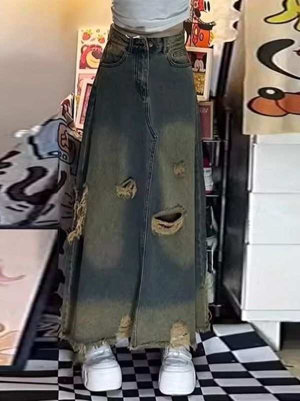 Denim Skirt Midi Vintage - ハイウエストAラインミディ丈デニムスカート レディース ダメージ加工＆フリンジヘム ヴィンテージスタイル プラスサイズ スリミングスカート