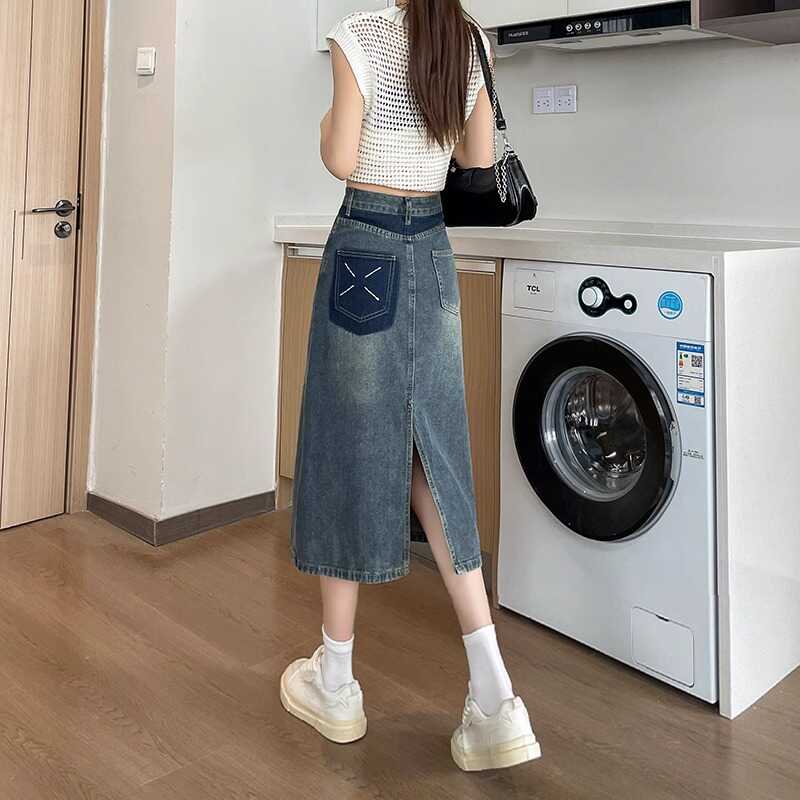 Denim Skirt Midi Vintage - 春夏新作レトロカラーブロックハイウエストミニミディデニムスカート女性のAラインノースリーブヴィンテージスタイル通勤韓国風