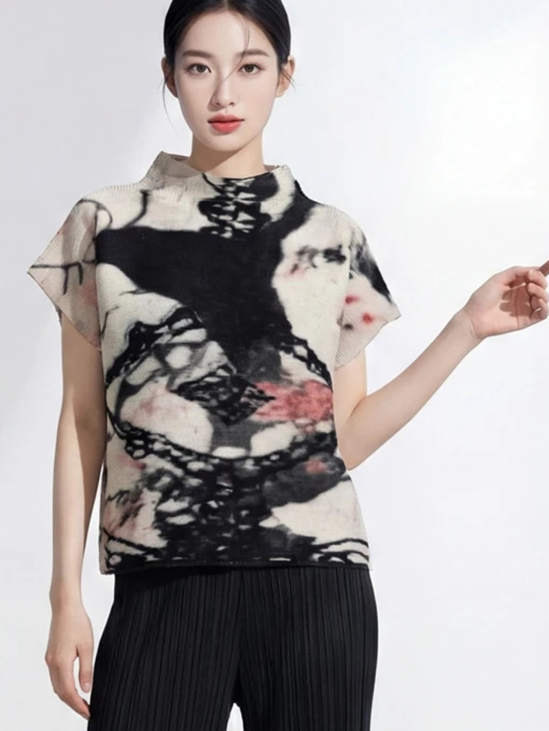 Vintage Fashion Build - 半袖レディースファッション Tシャツ Lnk-Blurry 不規則プリントドロップショルダートップス 2026 夏新作