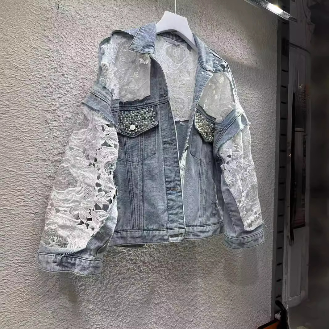 Patchwork Jean Jacket - 女性のスプライス刺繍ジャケット,襟を折りたたんだ服,真珠,色あせたデニムコート,シングルブレスト,ゆったりとしたアウター,ベーシックカーディガン