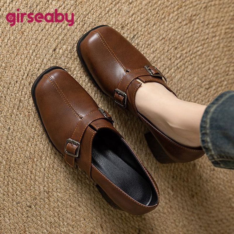 Vintage Fashion And Design - Girseaby ヴィンテージ女性パンプススクエアトゥブロックヒールスリップオンベルトバックルプラスサイズ 45 46 47 ソフトファッション新デザイン夏の靴