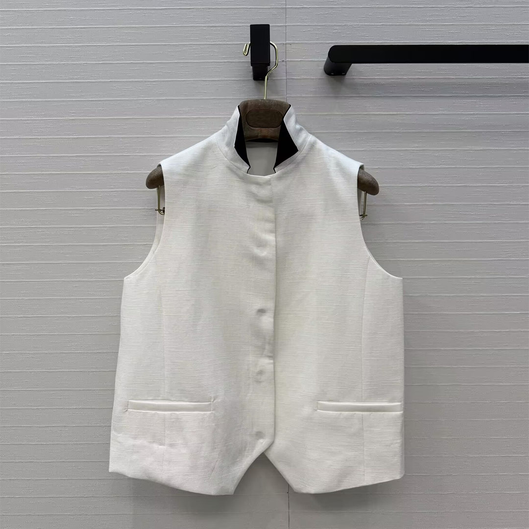 Vintage Fashion Old Money - 2026年新作サマーオールドマネースタイル100%リネンホワイトベストジャケットレディーススタンドノースリーブボタン付きファッショナブルスリムショートデザインタンクトップコート