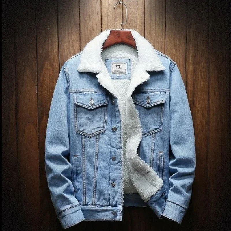 デニムジャケット男パッド入り羊ジーンズコート男性用パッド入り - Patchwork Jean Jacket のレビューと価格