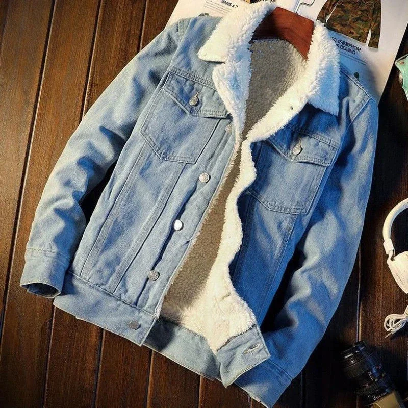 デニムジャケット男パッド入り羊ジーンズコート男性用パッド入り - Patchwork Jean Jacket のレビューと価格